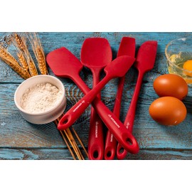 KITCHENLOVE Premium 600°F Heat Resistant 5 Piece Silicone Spatula Set for Baking, Cooking, Mixing - Non-Stick with High Grade S-Iron Steel Core - One Piece Seamless Design - BPA Free (Red)