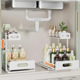 Delamu 2 Pack Metal Under Sink Organizers and Storage, 2 Tier Pull Out Under Cabinet Organizer for Kitchen Bathroom, Adjustable Under Sink Shelf for Under Counter Storage Organizer, White