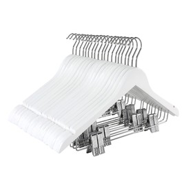 TOPIA HANGER Wooden Suit Hangers with Adjustable Metal Clips (20 Pack), Solid Smooth Wood Clothes Hangers, 360° Swivel Hook, Premium Pants Hangers for Clothes Coat, Jeans, Blouse-White,CT28W20
