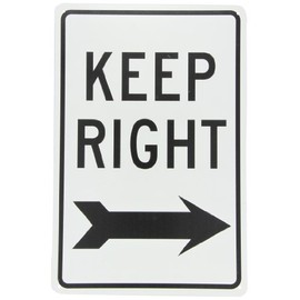 NMC TM27G KEEP RIGHT Sign – 12 in. x 18 in. Standard Aluminum Traffic Safety Sign with Black Arrow Graphic, Text on White Base, 12x18 inches