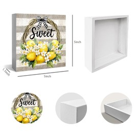 XDFVL Farm Fresh Lemon Kitchen Decor Wood Box Sign Desk Decor, Farmhouse Sweet Lemon Home Decor, Living Room Bedroom Shelf Flowers Leaves Shelf Farmhouse Desk Decorations 5 x 5 Inches