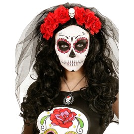 WIDMANN 04133 - Headband with 6 Roses and Veil, Adult Woman, Dia De Los Muertos, Flamenco, Spanish, Carnival, Theme Parties, One Size, Color Rose Red