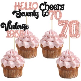 Gyufise 24Pcs Happy 70th Birthday Cupcake Toppers Star 70 Hello Seventy Vintage 1955 Cupcake Picks Cheers to 70 Birthday Decorations for 70th Birthday Anniversary Party Decorations Supplies Rose Gold