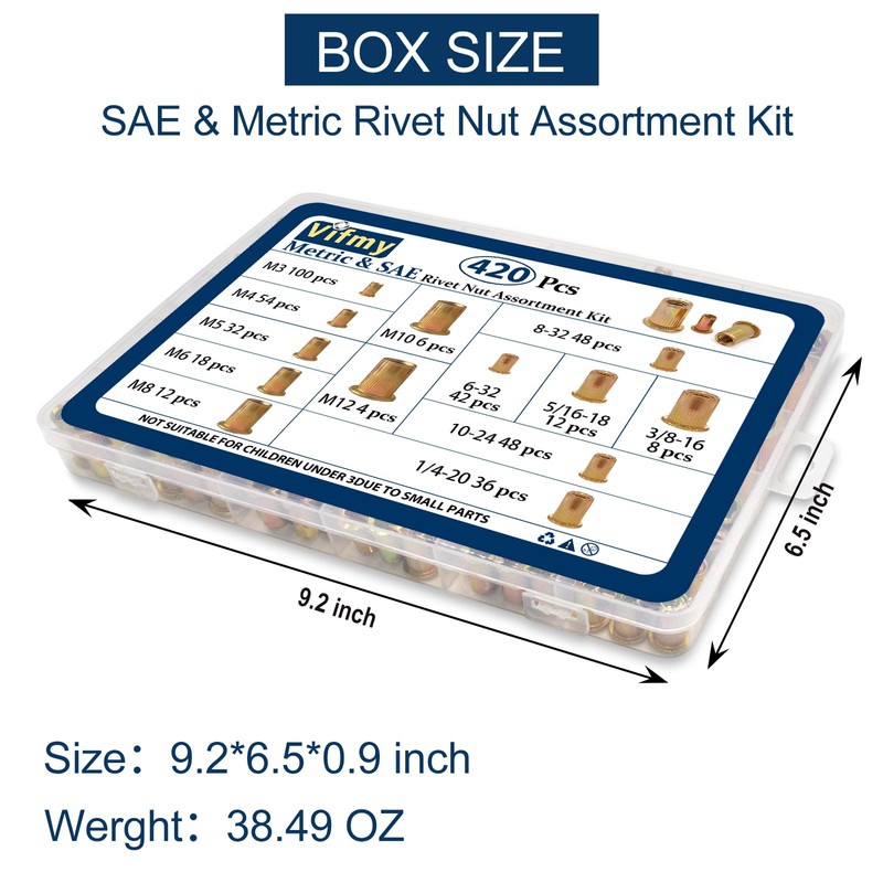 Vifmy Metric & SAE Rivet Nut Assortment Kit(420 Pcs),m3 m4