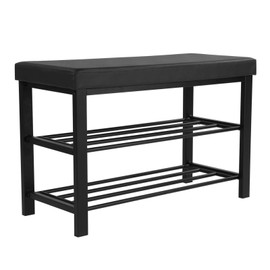 SONGMICS Shoe Bench, 3-Tier Shoe Rack for Entryway, Storage Organizer with Foam Padded Seat, Faux Leather, Metal Frame, for Living Room, Hallway, 12.2 x 31.9 x 19.3 Inches, Black ULBS58H