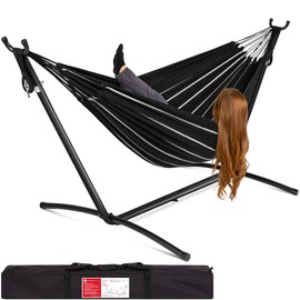 Best Choice Products 2-Person Double Hammock with Stand Set, Indoor Outdoor Brazilian-Style Cotton Bed for Backyard, Camping, Patio w/Carrying Bag, Steel Stand, 450lb Weight Capacity - Onyx
