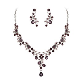 Clearine Wedding Jewellery Set for Women Bride, Y Necklace Dangle Earrings Set Impressive Crystal Teardrop Leaf Flower Cluster Prom Jewellery for Bride Bridesmaid Purple Silver Tone, Crystal