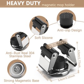 3-H Broom Mop Holder Wall Mounted,Magnetic Broom Hanger Wall Mount,4 Pack Broom Holder,Strong Magnetic Hook for Garage Garden Shed Storage System Laundry Room Home Kitchen Organization