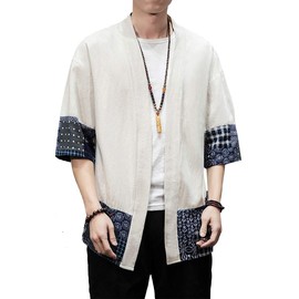 PRIJOUHE Men's Kimono Jackets Cardigan Lightweight Casual Cotton Blends Linen Seven Sleeves Open Front Coat Outwear