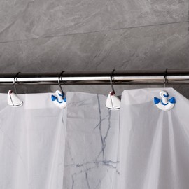 Nautical Shower Curtain Hooks Rust Proof, Nautical Theme Bathroom Decorative Shower Curtain Rings with Ocean White Lighthouse Ship Anchor (Set of 12)