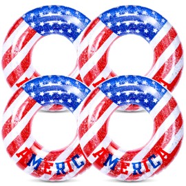 4 Pcs Inflatable Pool USA Float Toys 35Inch Patriotic Red White and Blue Swim Rings with Sparkle Silver Stars Confetti Beach Swimming Float USA Flag Rings Loungers Tube Independence Day Summer Party
