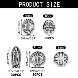 BENOSPACE 90 Pcs Jesus Virgin Mary Religious Spacer Beads Saint Benedict Medallion Pendants Charms Antique Silver Our Lady Miraculous Oval Accessories for Jewelry Making DIY Rosary Necklace Bracelet