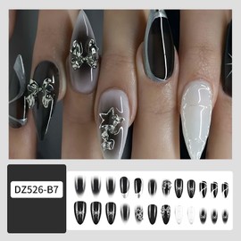 Rilafuvu Almond Press on Nails Short Nail Press ons Black Ombre Fake Nails 3D Bow and Stars Glue on Nails Glossy Artificial Nails with Swirl Designs Acrylic Nails 24Pcs