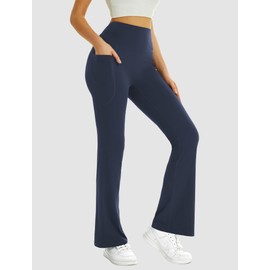 FireSwan Women's Flare Yoga Pants with Pockets High Waist Flared Leggings Bootcut Gym Workout Pants Tummy Control Navy