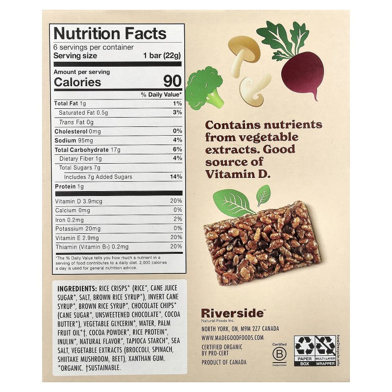 Cuadrados crujentes, chispas de chocolate, 6 barras, 0,78 oz (22