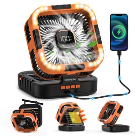 Solar Powered Camping Fan for Tent Rechargeable Battery Operated Tent Fan with LED Light, Hanging Hook,Timer, 5 Speed Portable Camping fan for Outdoor Travel Home Beach:_【Upgrade】10000mAh-Orange