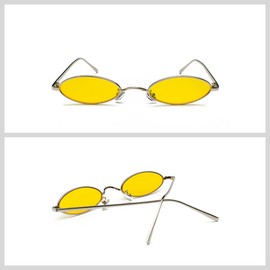 QVKUUT Retro Oval Sunglasses Women Men Metal Trendy Classic UV Protection Sunglasses, Silver/yellow