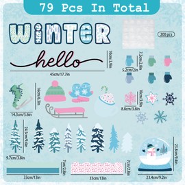 JarThenaAMCS 79Pcs Winter Bulletin Board Decor Hello Winter Snowflake Xmas Tree Paper Cutouts with 200Pcs Glue Points Pink Blue Bulletin Border Stickers for Christmas Party Home Classroom Wall Decor