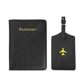Passport Holder and Luggage Tag Sets, His Her Passport Holder for Travel Waterproof Passport Cover Leather Passport Wallet Suitcase Tags for Couples Engagement Wedding Anniversary Bridal Gifts,Black