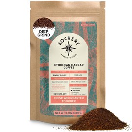 Organic Ethiopian Ground Coffee Medium Roast - 12 oz, Single Origin Ethiopian Harrar Coffee Beans, Specialty Coffee, Fair Trade, Chocolate & Fruity Notes - Roasted To Order