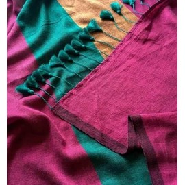 Women's Designer Striped Indian Handloom Ethnic Cotton Saree With Tassels Unstitched Blouse Piece (Teal)