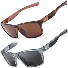 Missfive 2 Pack Mens Light Bifocal Sunglasses with Readers Built In, Non-Slip Comfort TR90/Rubber Straight Arms, UV400 Protection for Outdoor Sports/Driving/Beach, 2.25
