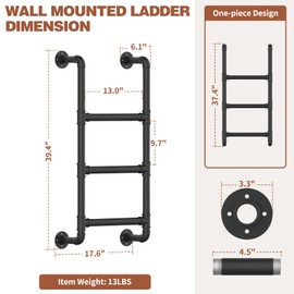 3-Rung Wall Mounted Metal Step Ladder, Basement Window Well Egress & Fire Emergency Escape Ladder, for High Entrance Attic Egress, Bunk Bed Climbing (355LBS Load Capacity, Matte Black)