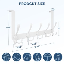 TICONN Over The Door Hooks, 5 Heavy Duty Tri Coat Rack All Metal Coat Hanger for Jacket Hat Towel bags in Bathroom Bedroom Dorm (White, 2PK