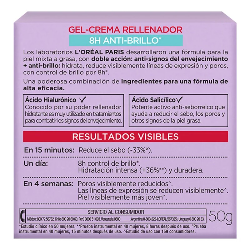 Gel Crema L'oréal Paris Ácido Hialurónico Anti Brillo 50ml