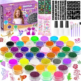 FAMKEEP Glitter Tattoo Set Children, Temporary Glitter Tattoo, 42 Colours Glitter Make Up Kit for Children, 223 Tattoo Stencils, 5 Brushes, 3 Glues, Waterproof Tattoos for Gift Children Carnival