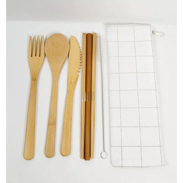 Case Bamboo Portable Utensils Cutlery - White Plaid Case .