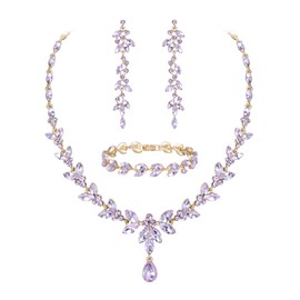EVER FAITH Marquise Crystal Party Jewelry Set for Bride, Gorgeous Leaf Rhinestone Necklace Dangle Earrings Tennis Bracelet Sets Light Purple Gold-Tone