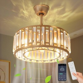 Hpxnionthr 20" Gold Crystal Fandelier Ceiling Fan with Light, Caged Bladeless Chandelier Fan with Remote Control, 6-Speed Reversible Quiet DC Motor, Modern Ceiling Fan for Bedroom Living Room Kitchen