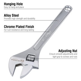 Olympia Tools 18" Adjustable Wrench, Heavy Duty Drop Forged Steel, Chrome Plated, Precision Machined Jaws, Rust Resistant