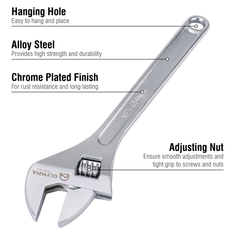 Olympia Tools 18" Adjustable Wrench, Heavy Duty Drop Forged Steel,