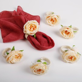 LogHog Handicraft Rose Flower Napkin Rings Set of 6,Hemp Rope Napkin Holder Rings Table Decorations for Wedding, Valentine's, Banquet, Christmas, Birthday, Thanksgiving