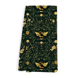 FITIE Dark Green Botanical Bumble Bee Kitchen Towels, Dark Cottagecore Floral Hand Towels for Bathroom, Vintage Green Floral Dish Tea Towels for Kitchen Decor, Bee Bathroom Decor, 16x24 Inch
