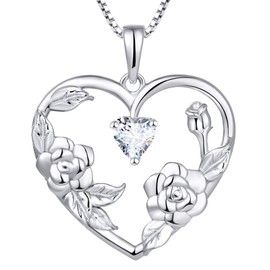 YL Birth Flower Necklace 925 Sterling Silver Love Heart Rose Flower Pendant Cubic Zirconia Jewelry for Women