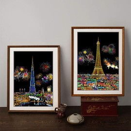 Rainbow Scratch Art Painting Paper (A4) for Adult & Kids, Night View Scratchboard, Engraving Art Set: 4 Sheets Scratch Cards & Clean Brush, Drawing Pen (Eiffel Tower / Big Ben / Moscow / Burj Khalifa)