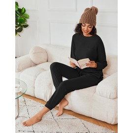 Ekouaer Womens Pajama Sets Long Sleeve Jogger Sets Comfy Sleepwear Loungewear with Pockets,Black,Large