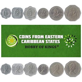 Set of 6 Coins from Eastern Caribbean: 1, 2, 5, 10, 25 Cents, 1 Dollar. 1981-2001