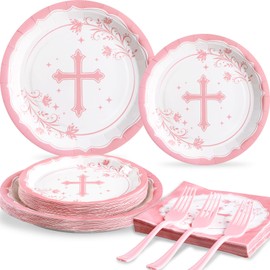 100PCS First Communion Decorations pink and white Disposable Baptism Paper Plates and Napkins Party Supplies Decorations, Severs 25