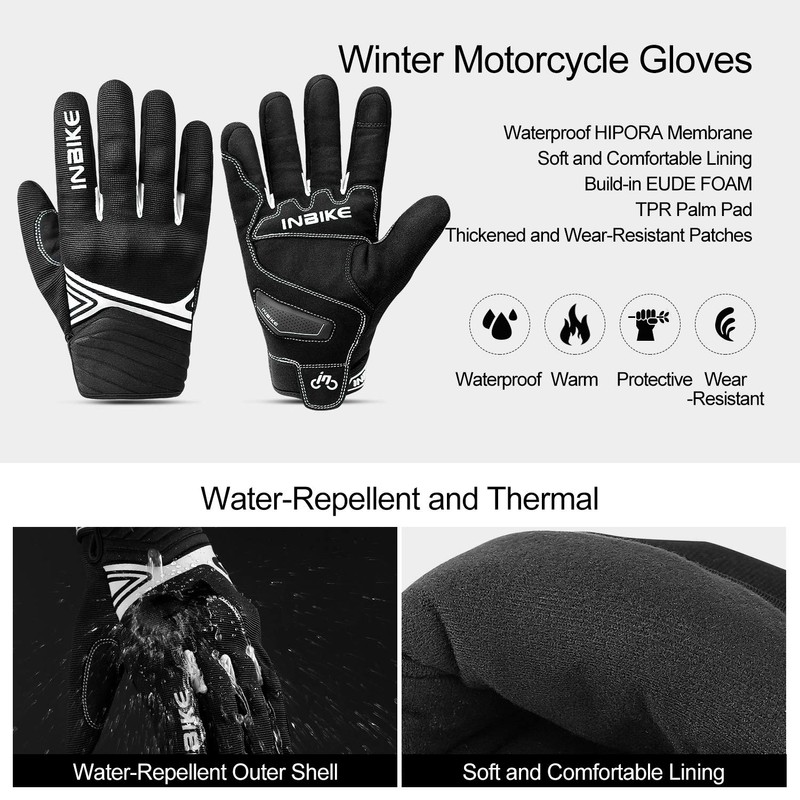 INBIKE Waterproof Winter Motorcycle Gloves Thermal Fleece Touchscreen with TPR