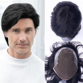 Prosa Toupee For Men Human Hair Replacement System Men's Toupee Real Human (1B 7"X10" Q6)