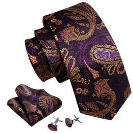Barry.Wang Men Ties Paisley Woven Silk Necktie Set with Pocket Suqare Cufflinks Formal