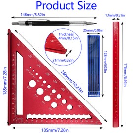 7 inch Speed Square Metric with 14 Types of Drill Holes,Triangle Ruler,Aluminum Alloy Carpenters Measuring Square,Carpentry Tools and Equipment (Red)