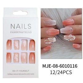 Ombre Press on Nails Medium Coffin Fake Nails Flower False Nails with Rhinestone Design Glitter Acrylic Glue on Nails Glossy Full Cover Artificial Stick on Nails for Women Girls Manicure 24Pcs