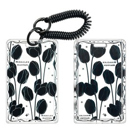 SHININGEYES ID Card Badge Holder Key Chain Plastic Spring Rope with Metal Keyring, Plastic Slide Open with ID Window for Women Men Girls Students(Black Tulips)