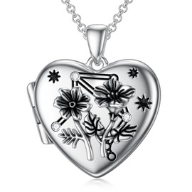 SOULMEET Birth Flowers Morning Glory Cosmos Libra Locket Necklace That Holds Picture Sterling Silver Various Months September-October Constellation Photo Heart Locket Gift Horoscope (Locket only)