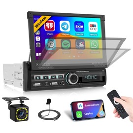 (Motorized) Hikity Single din Car Stereo with Wireless Carplay Android Auto, 7'' IPS Motorized Flip Out Touchscreen Bluetooth Car Audio Receiver, Mirror Link FM Radio SWC Backup Cam Aux/USB+TF Card